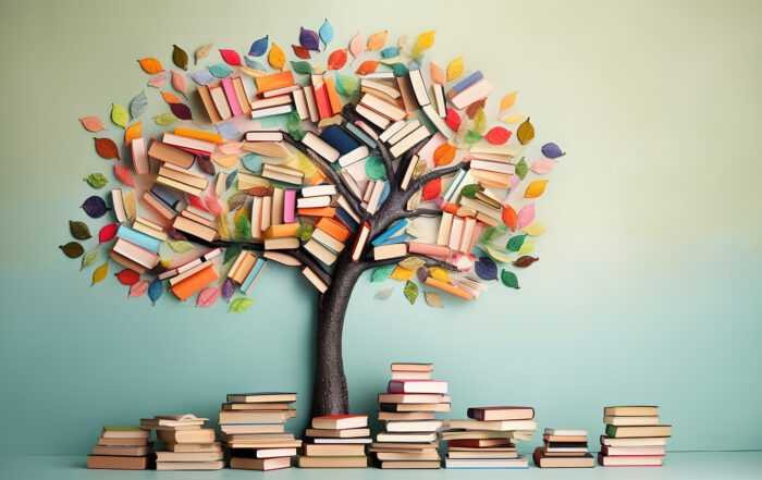 International literacy day concept with tree with books like leaves.